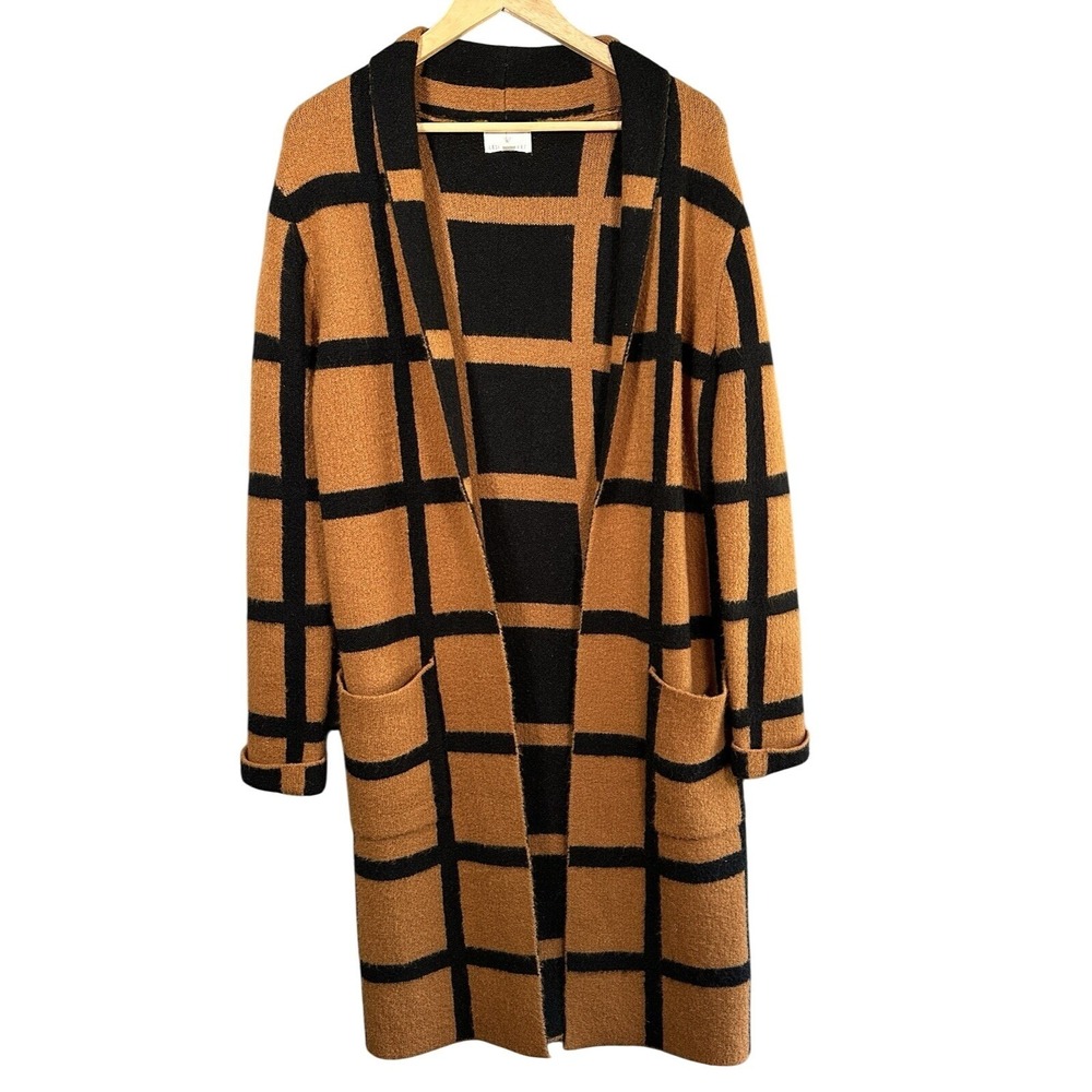 Lost + Wander Cardigan Women XS/S Brown Black Windowpane Plaid Longline Duster‎